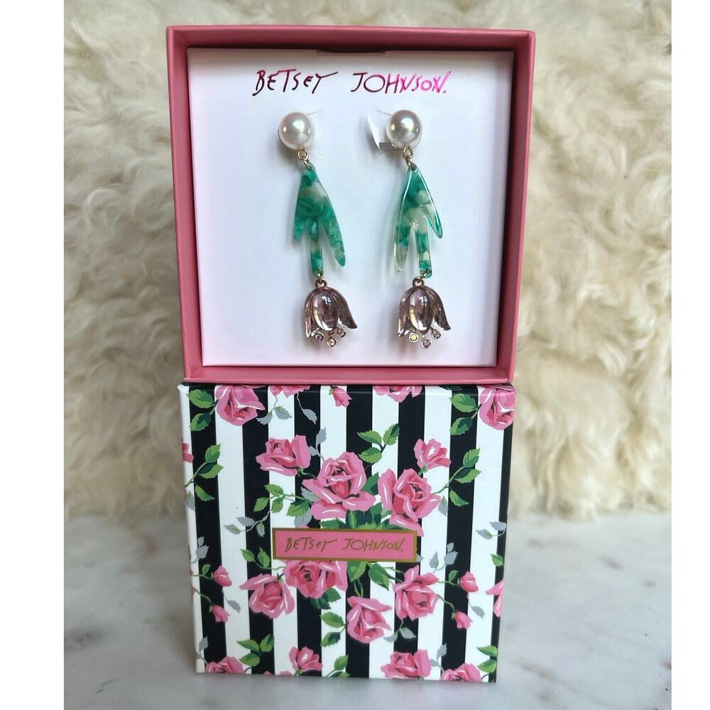 Betsey Johnson Crystal Tulip Flower and Pearl Dangle Drop Statement Earrings